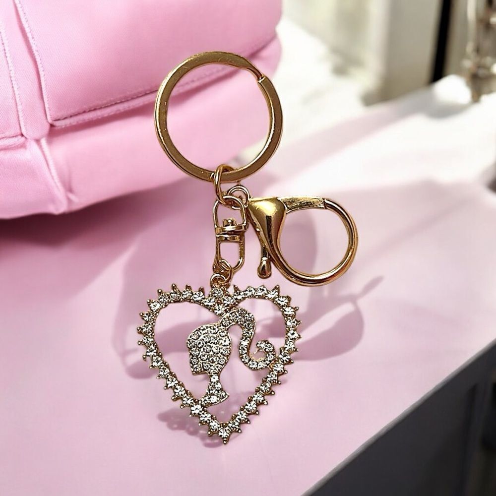 Barbie White Rhinestone Heart Gold Tone Keychain Bag Charm